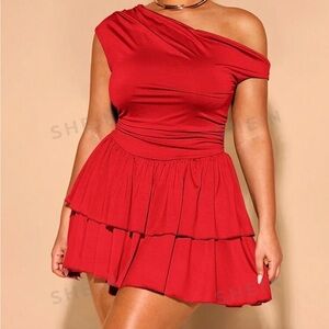꥟ Asymmetrical Slope Neck Pleated Mini Dress SHEIN BAE ꥟